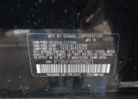 2022 Subaru Wrx Premium из США, поврежденный, VIN JF1VBAF66N9029223